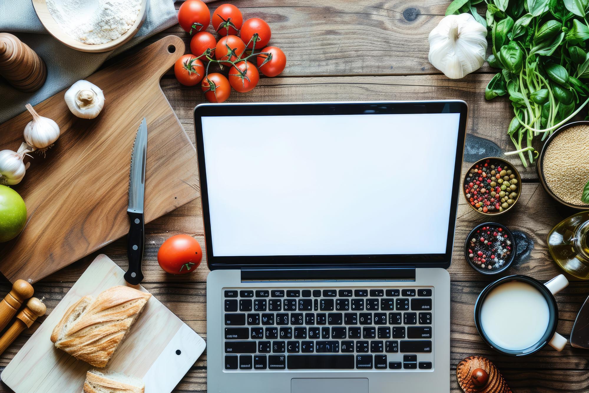 Set cucina moderna e laptop con ricetta